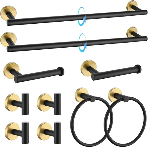 Vista 19 de TQKAG Juego de accesorios de baño negro y dorado de 5 piezas, juego de toalleros redondos de acero inoxidable de 23.6 pulgadas para baño montado