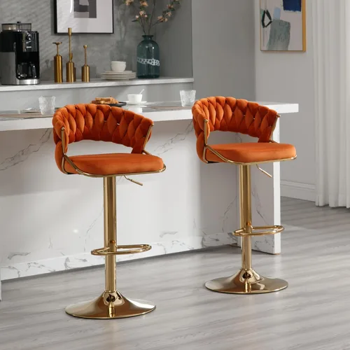 Vista 11 de HEAH-YO Juego de 2 taburetes de bar tejidos, taburetes de bar ajustables con respaldo y base dorada maciza, taburetes de cocina giratorios de Negro