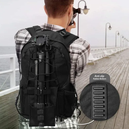 Vista 2 de Mochila impermeable para cámara DSLR grande con compartimentos para laptop de 17 pulgadas, cubierta para lluvia, soporte para trípode, funda