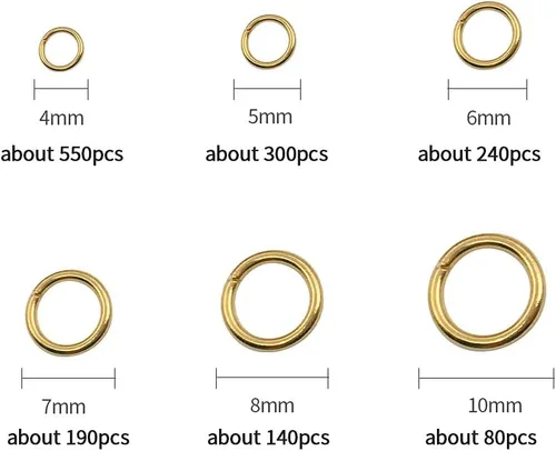 Vista 2 de 1500 anillos de salto abiertos de 6 tamaños, 0.157 pulgadas, 0.157 pulgadas, 0.236 pulgadas, 0.315 pulgadas, 0.394 pulgadas, 0.394 pulgadas, 0.394