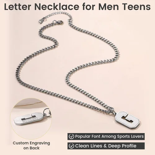 Vista 5 de GoldChic - Collar con letra inicial para hombre, de acero inoxidable, collar de iniciales grandes para deportistas y atletas, colgante del alfabeto