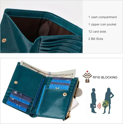Vista 3 de FOXLOVER RFID - Mini portatarjetas de cuero genuino para mujer, cartera pequeña de cuero para tarjetas, Azul A