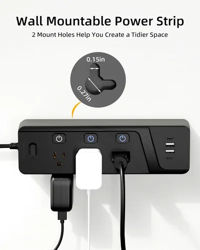 Vista 7 de Regleta protectora contra sobretensiones con interruptores individuales, 6 tomas de corriente ampliamente espaciadas con 2 USB C y 2 USB A, cable