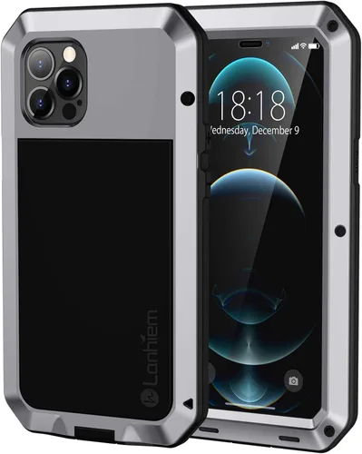 Vista 8 de Lanhiem Funda de metal para iPhone 12 Pro Max, resistente a los golpes, con protector de pantalla de vidrio integrado, cubierta protectora de cuerpo