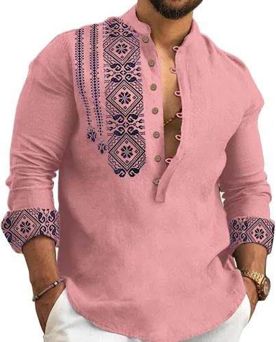 Vista 12 de Kubsid Mens Henley Shirts Casual T Shirt Long Sleeve Banded Collar Button Down Vintage Beach Tops