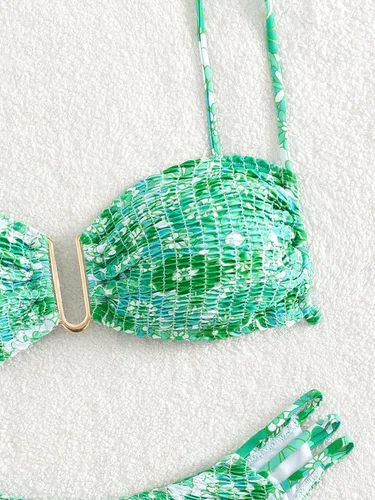 Vista 3 de MakeMeChic Traje de baño de 2 piezas para mujer con estampado floral y corte fruncido