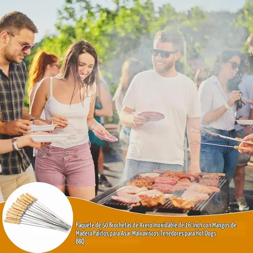 Vista 4 de Minatee Brocheta de 16 pulgadas con mango de madera para barbacoa, camping, utensilios de cocina, fogata, parrilla, cocina, acero inoxidable
