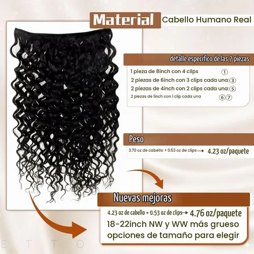Vista 3 de Hetto . Extensiones de cabello humano rizado con clip, color #1 negro azabache, extensiones de cabello humano ondulado natural para cabeza completa