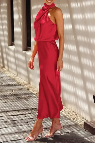 Vista 9 de PRETTYGARDEN Vestido de satén de verano 2023 para mujer, elegante, sin mangas, con cuello alto falso, para cóctel, fiesta, maxi vestidos