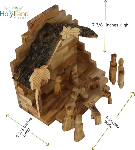 Vista 2 de Holy Land Market Juego de pesebre de madera de olivo, 12 piezas con techo