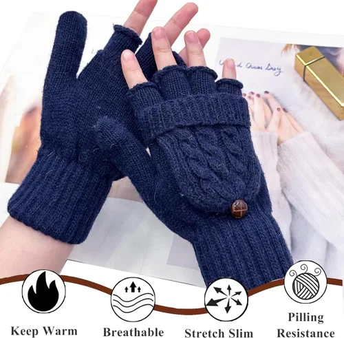Vista 95 de Beurlike Guantes de invierno para mujer, de lana cálida, a prueba de viento, convertibles, sin dedos