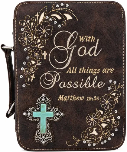 Vista 5 de Funda de la Biblia con versículo bordado de estilo occidental para mujer, bolsa de mensajero con correa extra Turquoise Cross, Full-Zip Protection