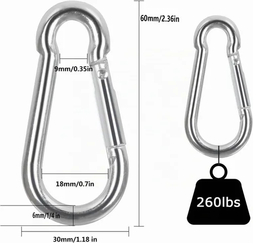 Vista 2 de 60 mosquetones de acero inoxidable con resorte de 1/4 pulgadas, M6 2 3/8 pulgadas, pequeños mosquetones resistentes para hamaca, saco de boxeo