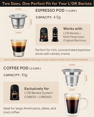 Vista 4 de 2 Piezas Cápsulas de Café Reutilizables de Acero Inoxidable Compatibles con L'OR Barista LM8012 / 60, Cápsulas de Café Recargables de Metal L'or 1