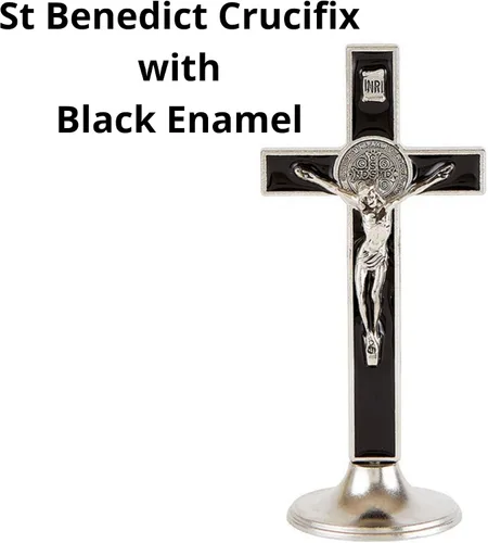 Vista 7 de Needzo Crucifijo de pie esmaltado negro de San Benito, cruz católica, regalos religiosos inspiradores para mujeres y hombres, decoración cristiana