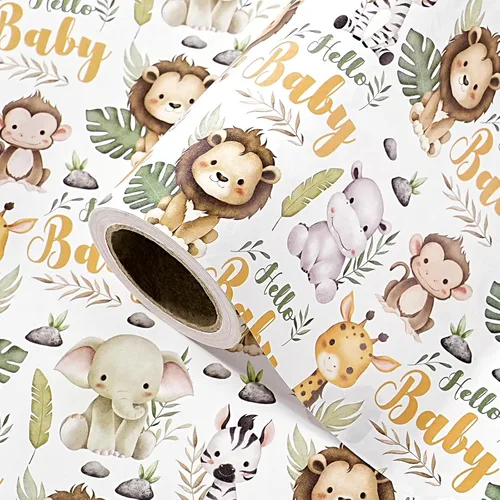 Vista 18 de WRAPAHOLIC Rollo de papel de regalo Kraft Animal - Mini Rollo - 17 pulgadas x 16.5 pies - Diseño de mono, elefante y dinosaurio lindos, perfecto