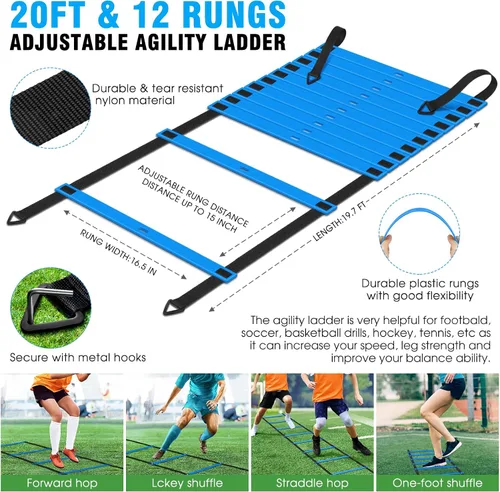 Vista 3 de X-UMEUS Agility Ladder Speed Training Equipment Set-20ft Agility Ladder,12 Soccer Cones,4 Hurdles, Jump Rope, Running Parachute Basketball Football