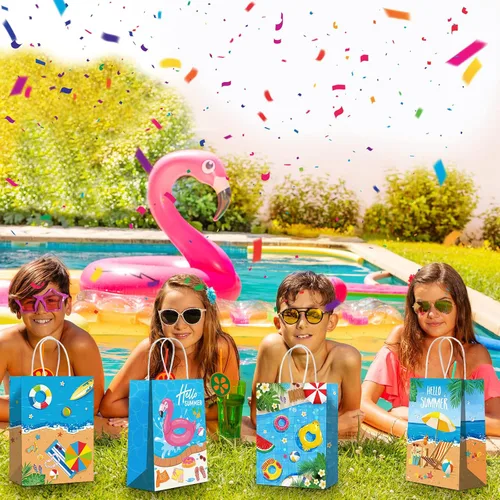 Vista 5 de Pajean Bolsas de papel para fiesta en la playa, bolsas de regalo de dulces de piscina de verano para Luau Tropical Beach Party Favores Suministros