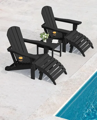 Vista 2 de SERWALL Juego de 5 piezas con silla Adirondack ajustable, puf otomano y mesa, negro