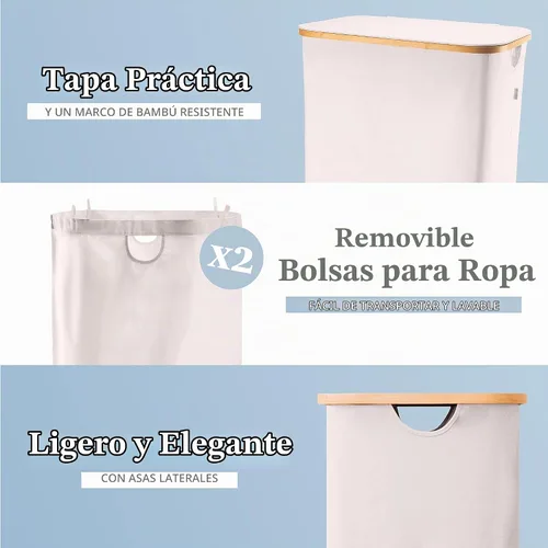 Vista 3 de LONBET Canasta de lavandería con tapa, hecha de tela transpirable Cestas de ropa estéticas para lavandería con asas laterales y marco de bambú
