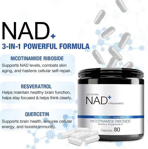 Vista 3 de Suplemento NAD - NAD nicotinamida ribósido resveratrol 1000 mg para hombres mujeres, NAD liposomal Plus para energía antienvejecimiento, suplemento