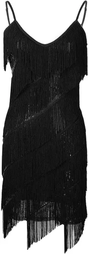 Vista 4 de CHICTRY Vestido de mujer con tirantes delgados, borlas de lentejuelas, con flecos, vestido de fiesta, baile, vestido de noche