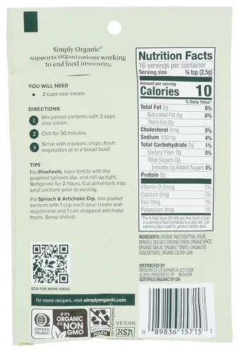 Vista 2 de Simply Organic Mezcla de salsa de espinacas, certificado orgánico, sin gluten 1.41 oz