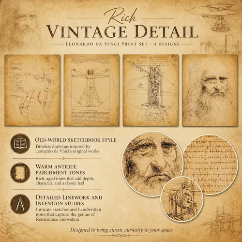 Vista 8 de Impresiones artísticas originales de Leonardo da Vinci – Gran decoración de aula de ciencias y oficina en casa, accesorios para dormitorio