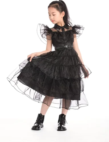 Vista 3 de CFNRHEOU Wednesday Addams Dress for Kids Girls,Family Party Dress Up Cosplay Outfit Gothic Dress Halloween Costumes with Hair