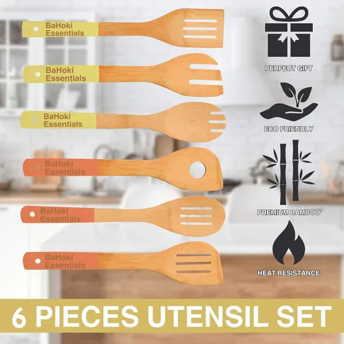 Vista 4 de BaHoki Essentials Utensilios de cocina de bambú – Surtido de utensilios de madera natural – sin químicos – Ideal para el cocinero promedio