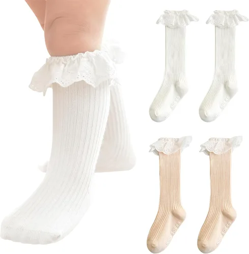 Vista 12 de Calcetines largos con volantes para bebés y niñas de 6 a 12 meses A-encaje-4 Pack