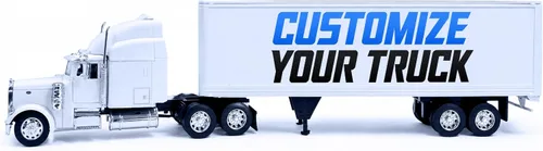 Vista 2 de Peterbilt 379 con vehículo con furgón, camión de juguete totalmente blanco Remolque