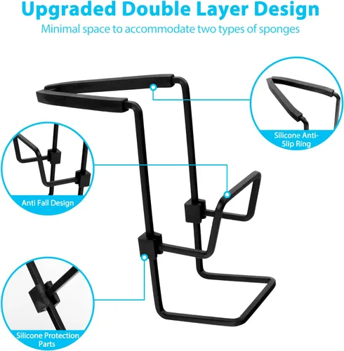 Vista 3 de Soporte de esponja para fregadero - Bandeja de ducha para grifo - Organizador de metal para cocina y baño, fijación alrededor del grifo