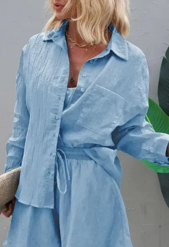 Vista 2 de Fixmatti Conjunto de 3 piezas de verano para mujer, camisa de manga larga con botones, top halter y pantalones cortos