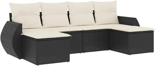 Vista 3 de 6-Piece Garden Sofa Set in Black and Cream White, Modern Outdoor Furniture with PE Rattan and Removable Cushions, Water-Resistant Patio Seating for