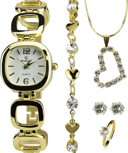 Vista 2 de Set de regalo Reloj de mujer oro - Conjunto de joyería- Collar-Anillo- Pendientes - Banda, Acero, aleación