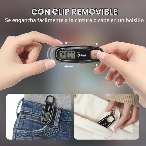 Vista 6 de U-Trak3D Pedometer for Walking with Removable Clip and Carabiner Simple Step Counter for Walking Accurate Clip On Step Tracker for Men Women Kids