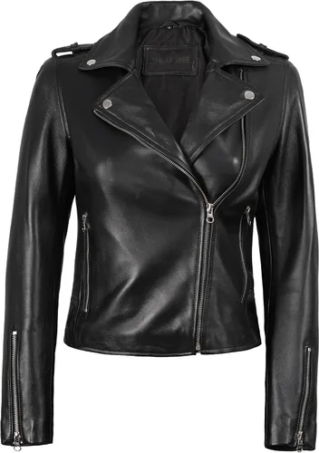 Vista 2 de Chaqueta de cuero para mujer Bomber motocicleta Biker Real piel de cordero chaqueta para mujer Negro