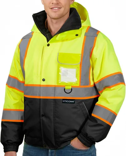 Vista 9 de TICONN Waterproof Safety Bomber Jacket, Winter Rain Jacket Hi Vis Reflective, ANSI Class 3 Work Rain Coat