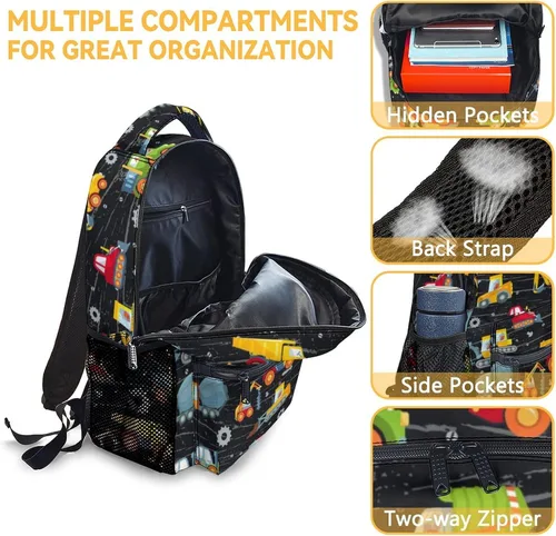 Vista 6 de Mochila preescolar de construcción para niños, mochilas de excavadora de camión de 16 pulgadas para niños y estudiantes, bonita mochila ligera