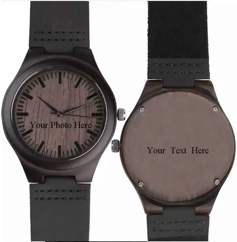 Vista 2 de Reloj de madera con foto o mensaje grabado de doble cara para regalo.