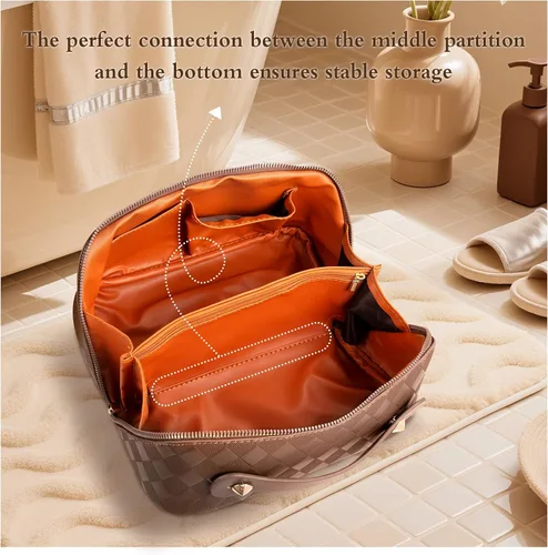 Vista 6 de Abiudeng Bolsa de maquillaje de viaje de gran capacidad para artículos esenciales de viaje, organizador de maquillaje plano abierto con divisor