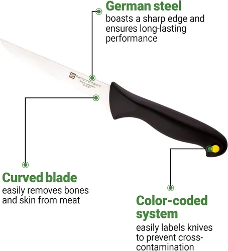Vista 15 de Restaurantware Sensei - Cuchillo para deshuesar de 6 pulgadas con pines codificados de colores, cuchillo de acero alemán negro resistente a