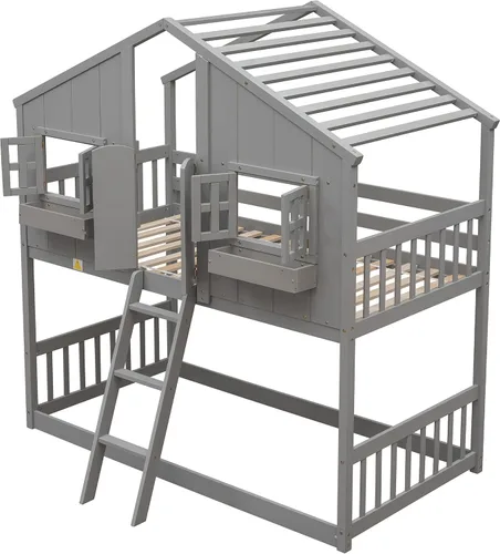 Vista 5 de DEINPPA Litera individual sobre individual con techo, cama de madera con ventanas y caja de ventana, cama de casa de juegos con diseño de puerta