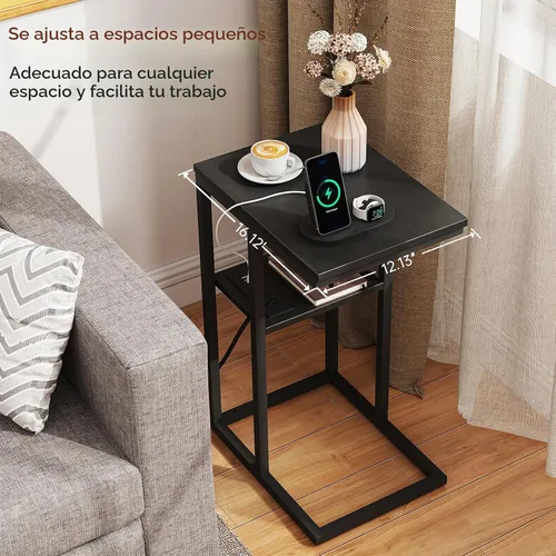 Vista 4 de Vagusicc Mesa auxiliar en forma de C con estación de carga, mesa auxiliar pequeña para sofá, mesa auxiliar de aperitivos con puertos USB y salidas