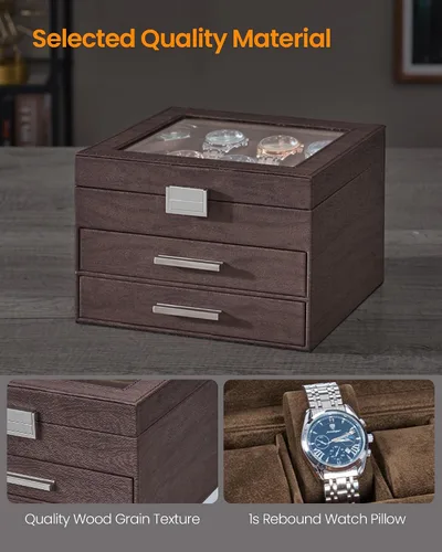 Vista 7 de Caja de reloj, regalos de Navidad, caja de reloj de 8 ranuras con tapa de vidrio, almohadas de reloj extraíbles, organizador de caja de joyería de 3