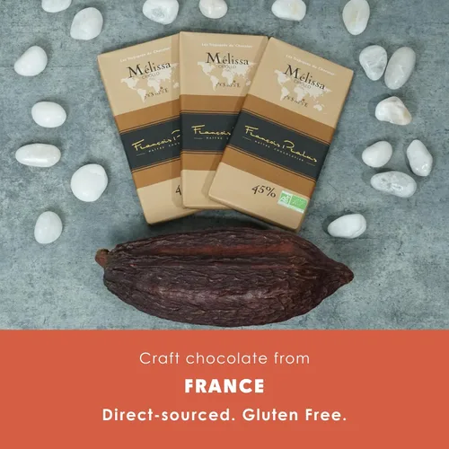 Vista 2 de François Pralus Melissa 45% Chocolate con leche, paquete de 3 unidades, chocolate francés, grano a barra, comercio directo, sin gluten, sin soja