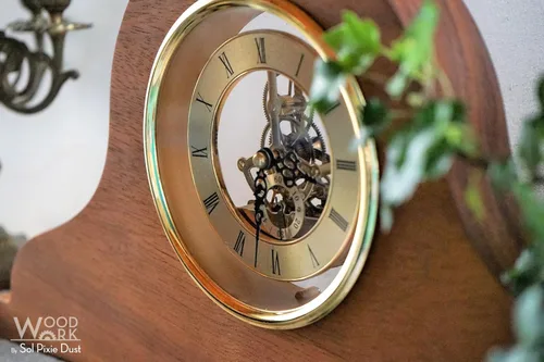 Vista 2 de Wooden Mantel Clock - Shelf Clock - Skeleton Clock Face - Solid Iroko Wood - Fireplace Clock - Moving Gears - Table Clock - Room Decor
