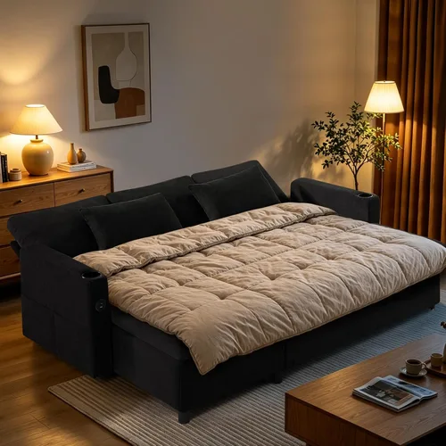 Vista 2 de Sofá cama extraíble de tela de 84 pulgadas con respaldos ajustables, color negro