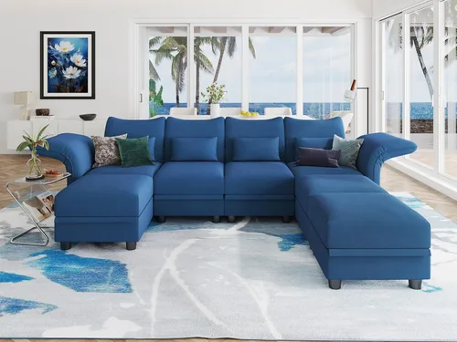 Vista 25 de LLappuil Sofá modular de terciopelo en forma de L con almacenamiento, sofá moderno de 5 plazas de 127.8 pulgadas con diván, sofás reclinables de Azul